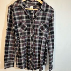 Fire Los Angeles Women Blouse Top Shirt L Plaid Roll Tap Long Sleeve 100% Cotton